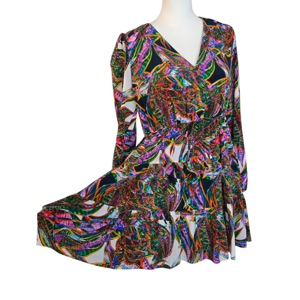 Boho 100% Silk Tiered Mini Dress Size M Multicolor Balloon Sleeve Marie Oliver